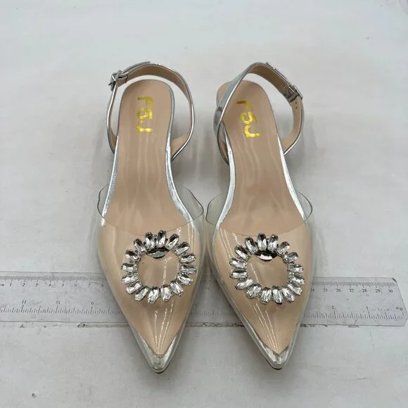 FSJ Women's Silver Heels Dress Shoes Wedding Shoes, Bride Silver Rhinestone - Picture 1 of 7